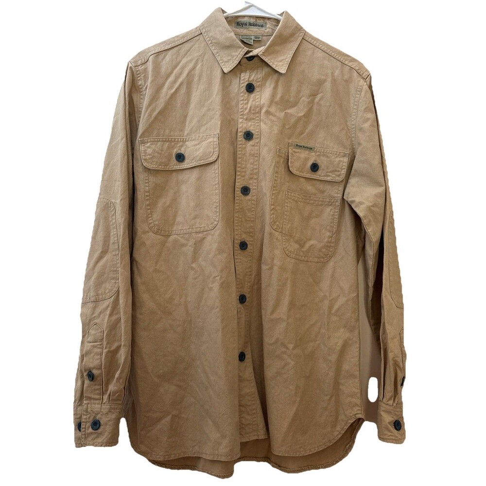 Mens Vintage Royal Robbin’s Tan Canvas Outdoor Fishing Button Down Shirt Size M